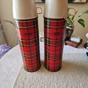 2 Vintage Thermos Plaid Red and Black Set